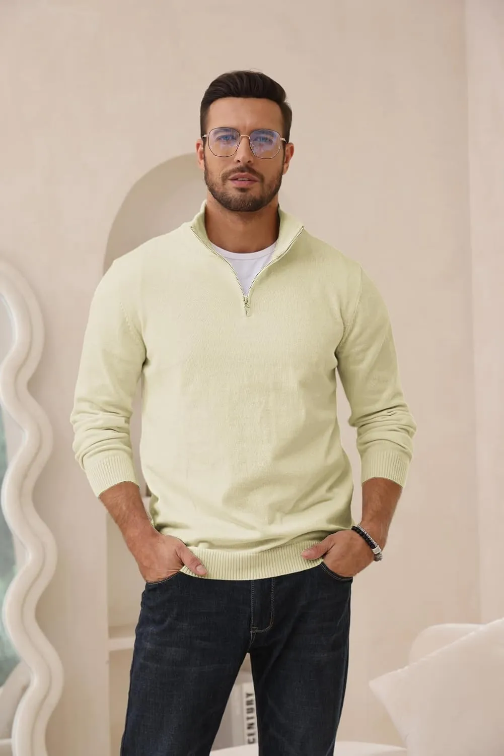 Lexiart Men's Quarter Zip Sweater Casual Mock Neck Pullover Ribbed Knit Polo Sweater