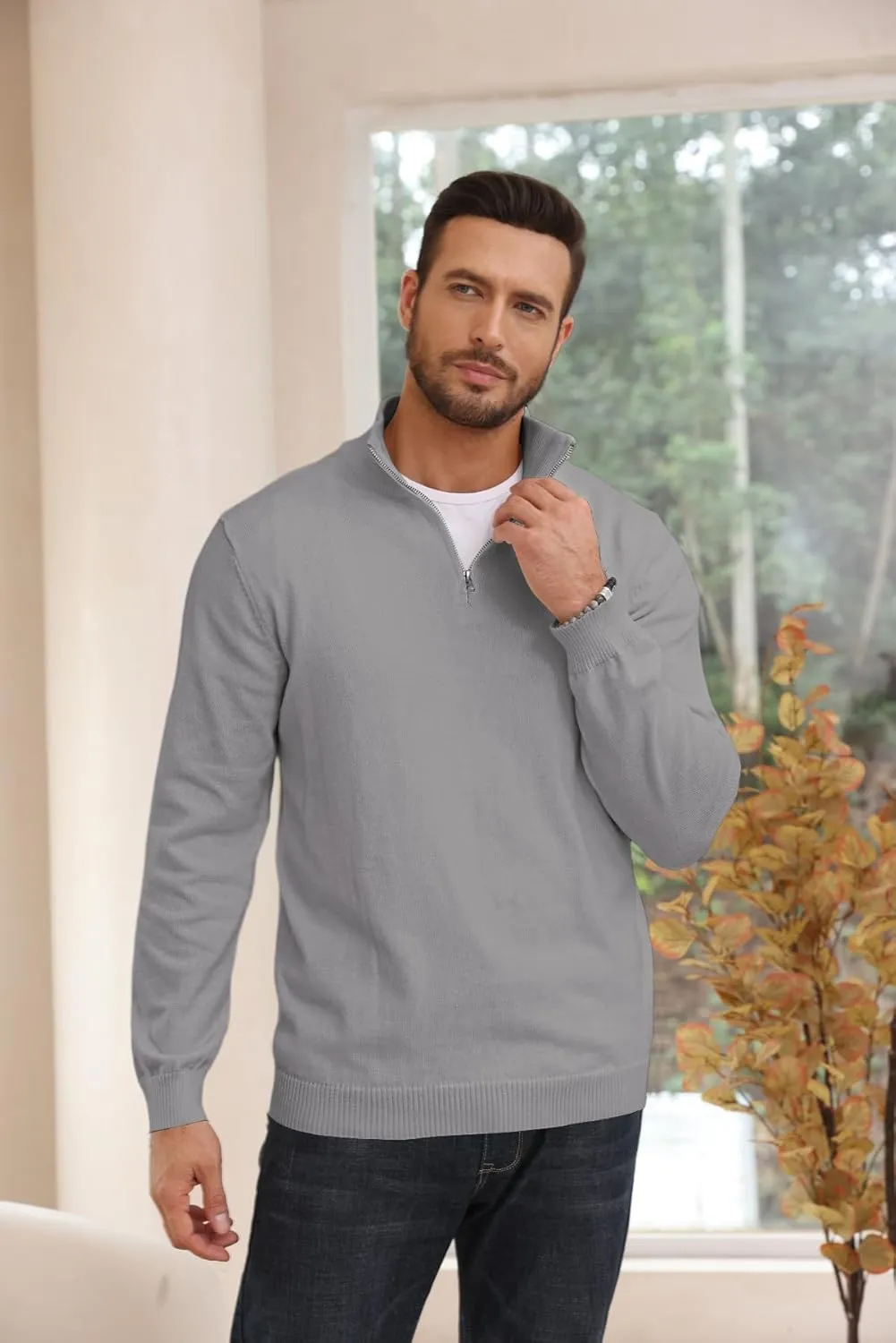 Lexiart Men's Quarter Zip Sweater Casual Mock Neck Pullover Ribbed Knit Polo Sweater