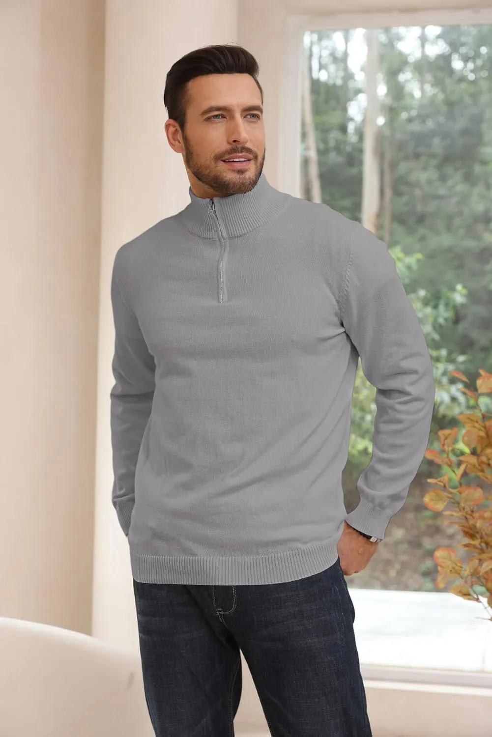 Lexiart Men's Quarter Zip Sweater Casual Mock Neck Pullover Ribbed Knit Polo Sweater
