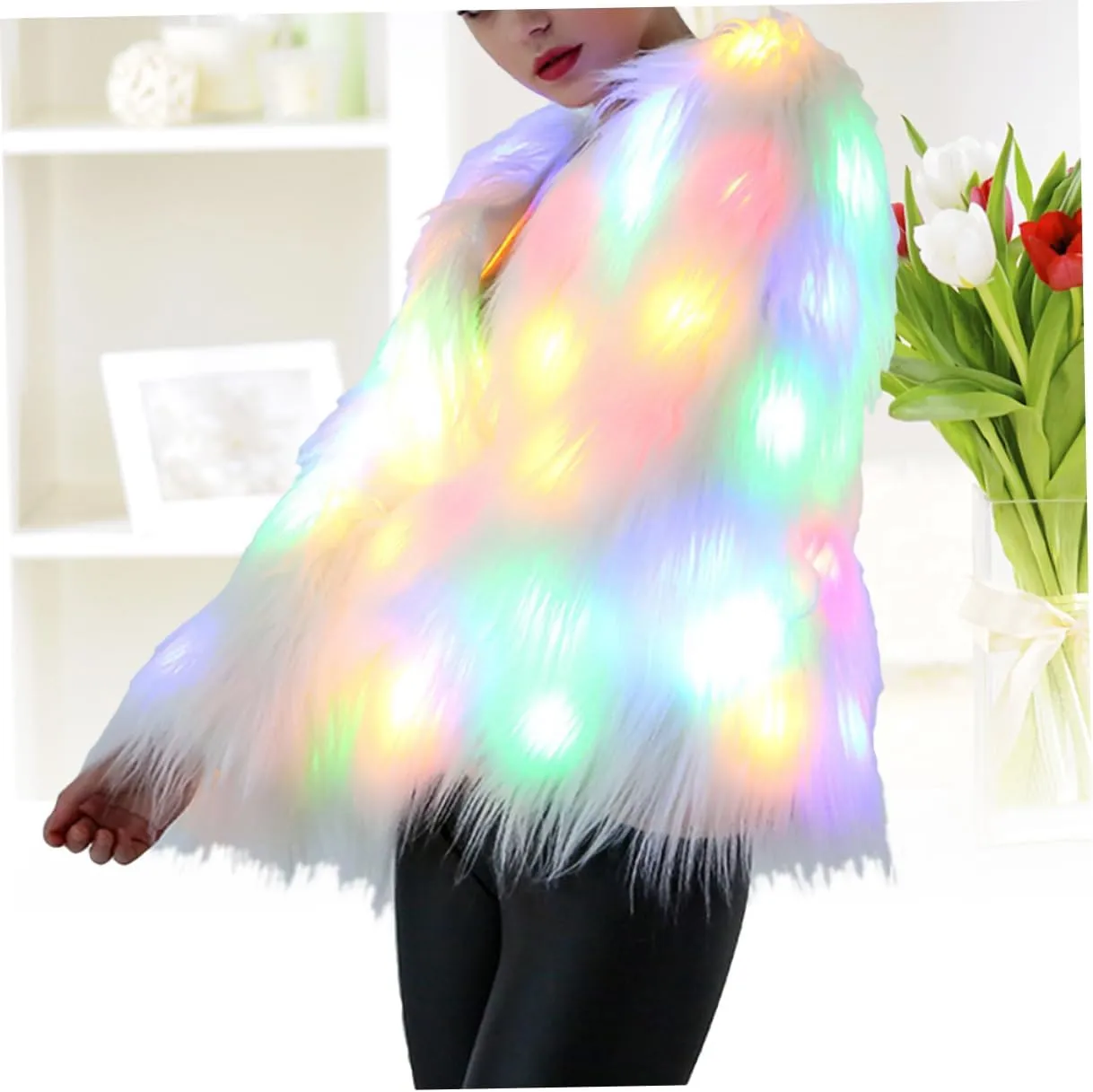 LIFKOME LED Fur Coat Women Faux Fur Coat Light up Fuzzy LED Furry Jacket Fancy Dress Party Dress up LED Outwear