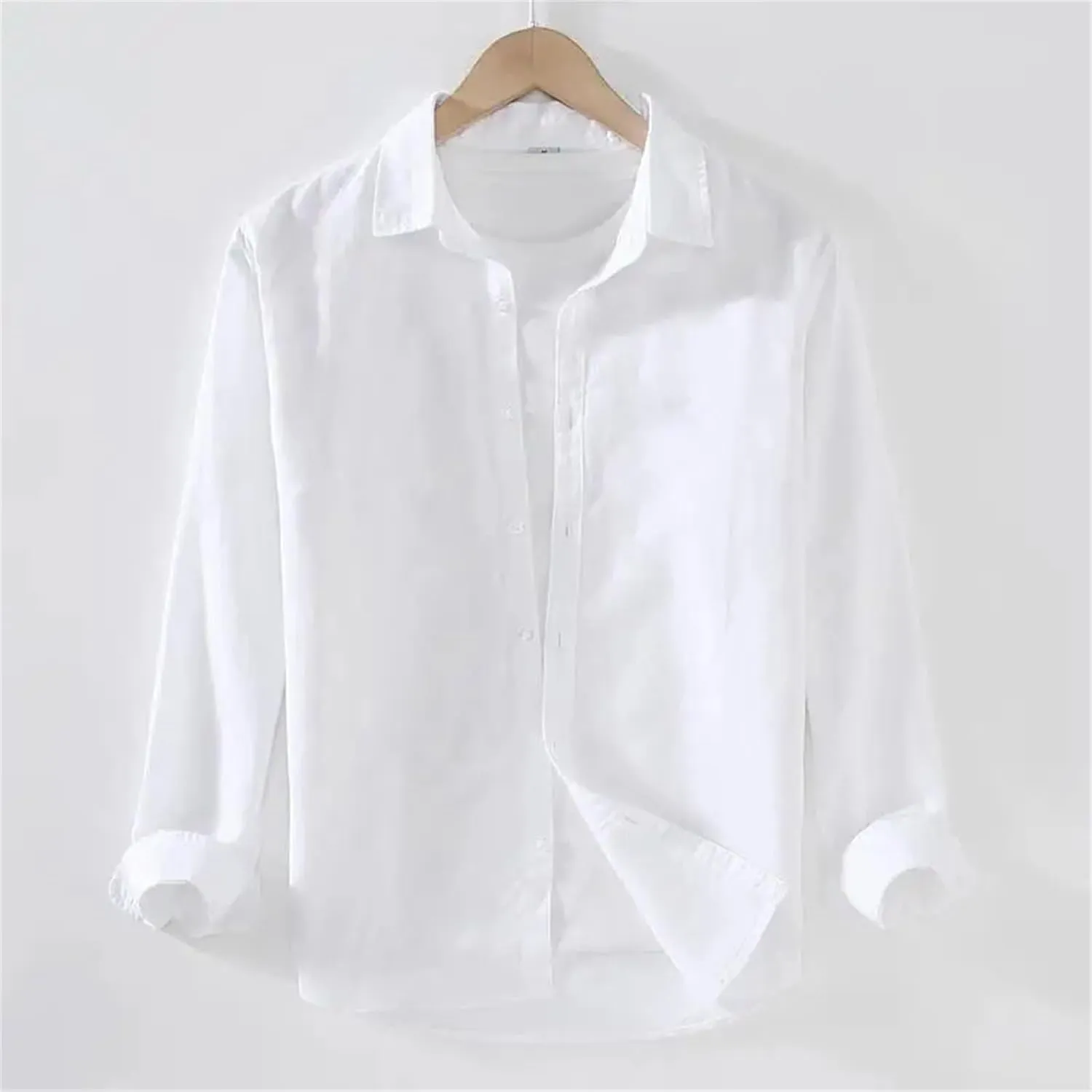 Linear Long-Sleeved Men's Casual Loose Cotton Linen Shirt Men's Long-Sleeved Lapel Light Grey Button-Down Shirt