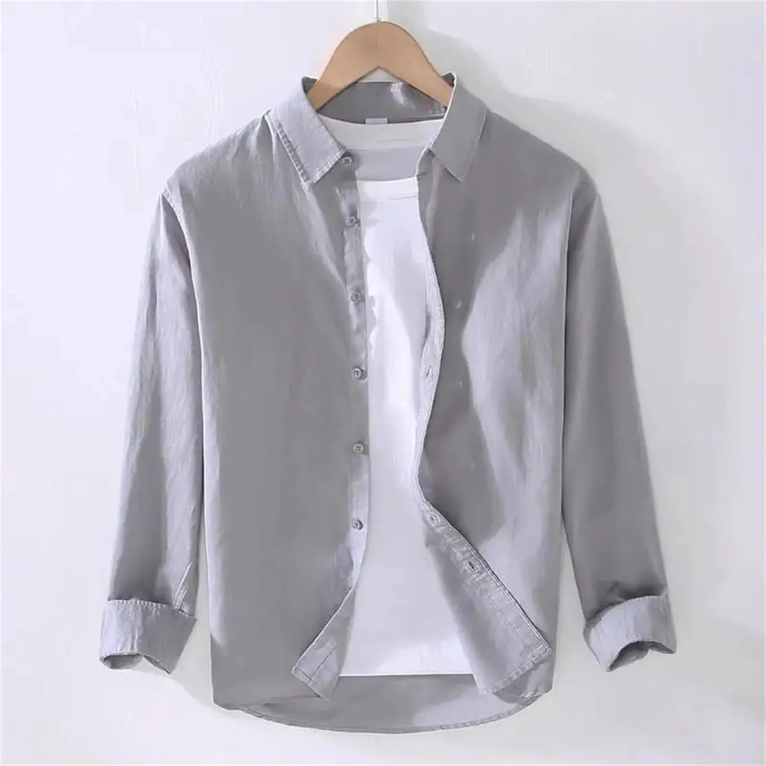Linear Long-Sleeved Men's Casual Loose Cotton Linen Shirt Men's Long-Sleeved Lapel Light Grey Button-Down Shirt