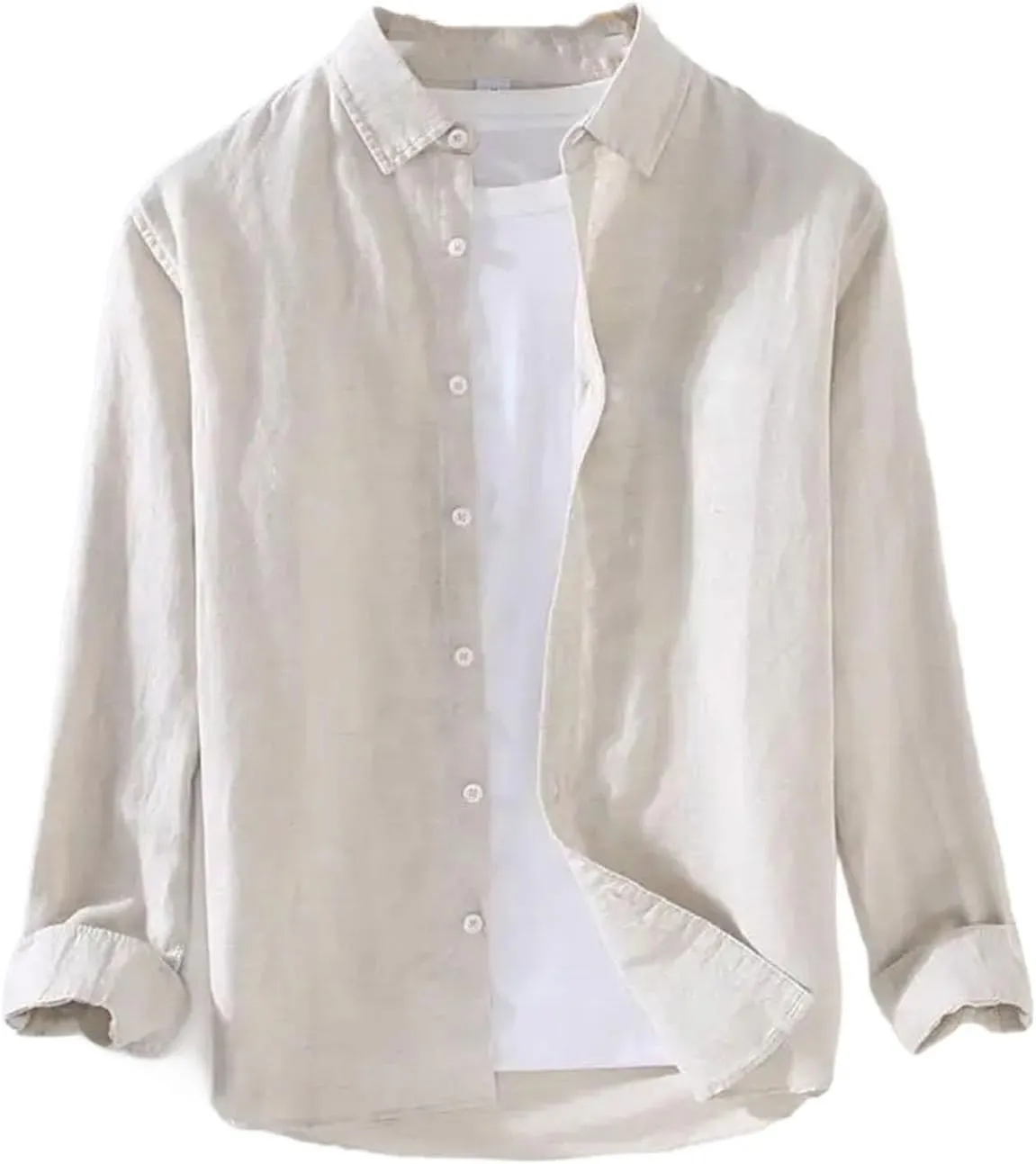 Linear Long-Sleeved Men's Casual Loose Cotton Linen Shirt Men's Long-Sleeved Lapel Light Grey Button-Down Shirt