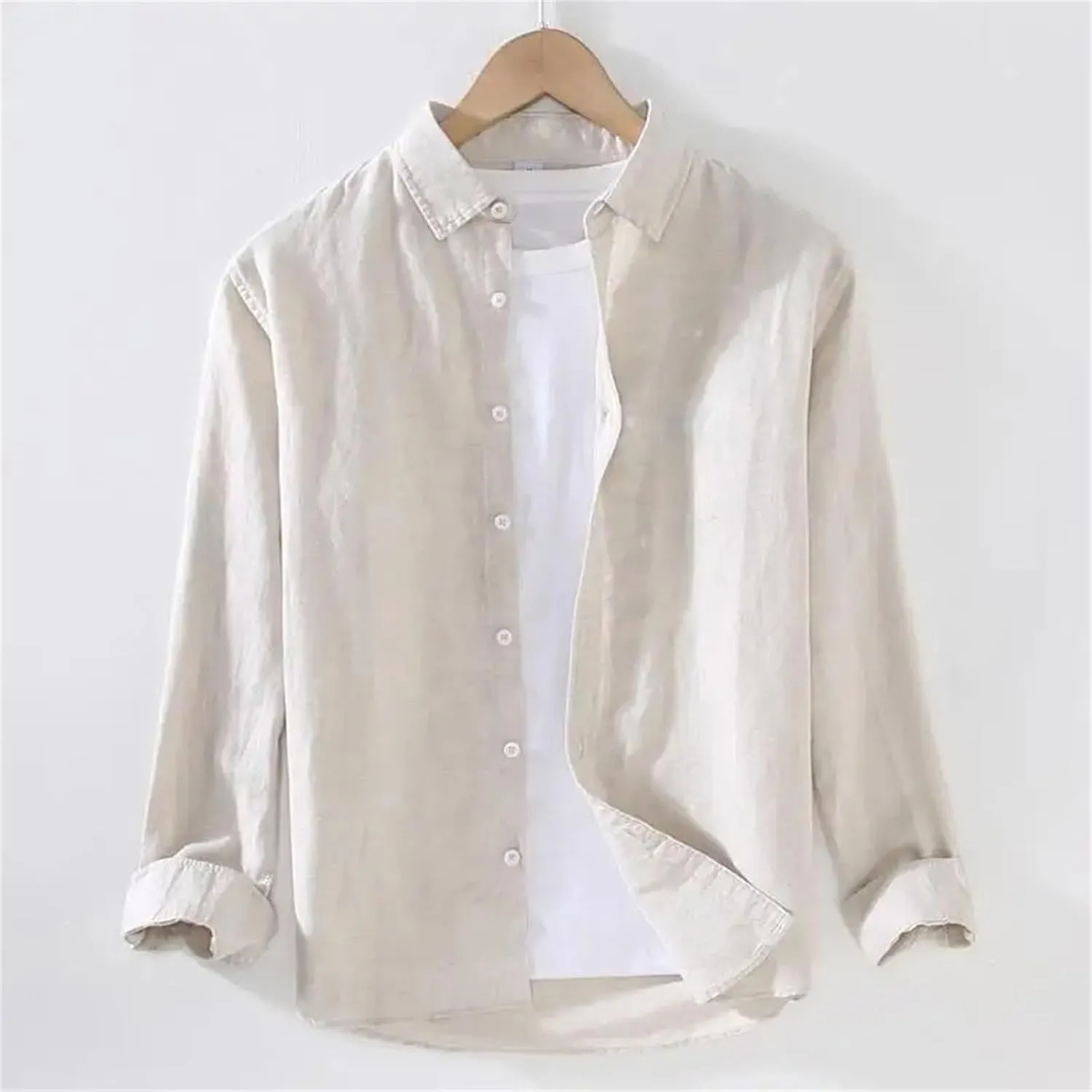 Linear Long-Sleeved Men's Casual Loose Cotton Linen Shirt Men's Long-Sleeved Lapel Light Grey Button-Down Shirt