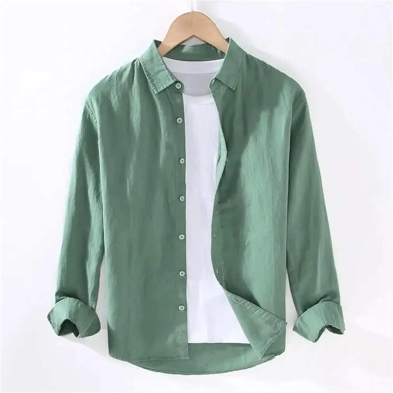 Linear Long-Sleeved Men's Casual Loose Cotton Linen Shirt Men's Long-Sleeved Lapel Light Grey Button-Down Shirt