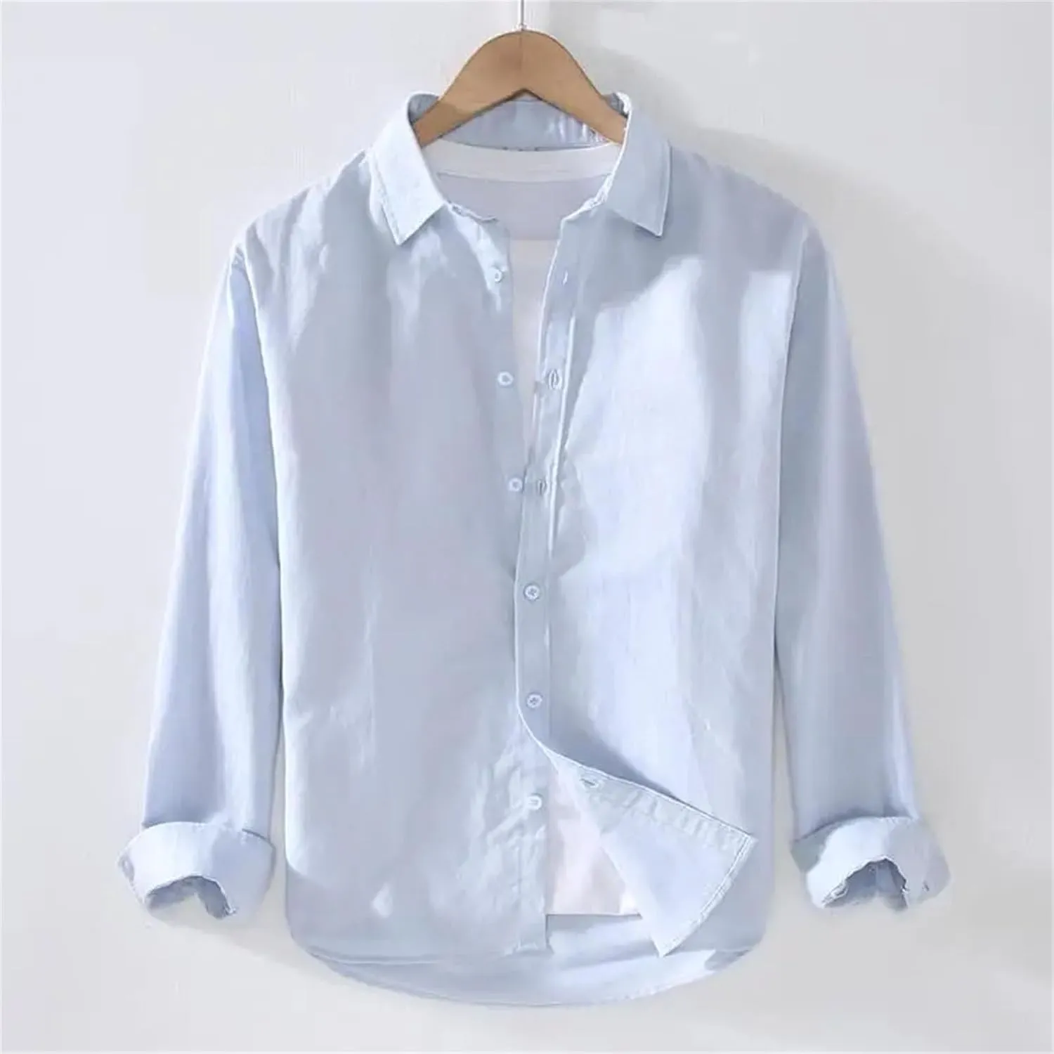 Linear Long-Sleeved Men's Casual Loose Cotton Linen Shirt Men's Long-Sleeved Lapel Light Grey Button-Down Shirt