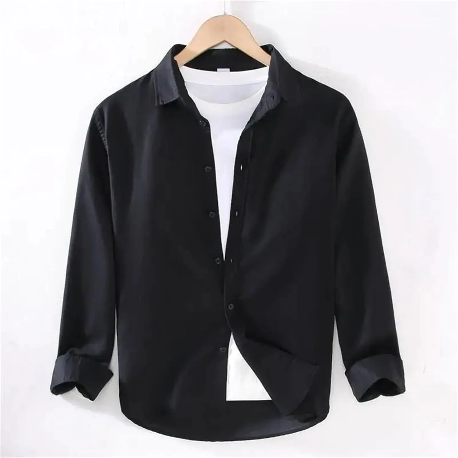 Linear Long-Sleeved Men's Casual Loose Cotton Linen Shirt Men's Long-Sleeved Lapel Light Grey Button-Down Shirt