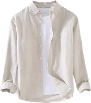 Linear Long-Sleeved Men's Casual Loose Cotton Linen Shirt Men's Long-Sleeved Lapel Light Grey Button-Down Shirt