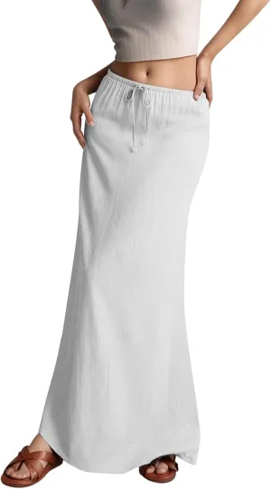 Linen Maxi Skirts for Women Summer Casual Boho Beach Vacation Flowy Long Skirts Trendy Comfy Drawstring A Line Skirts