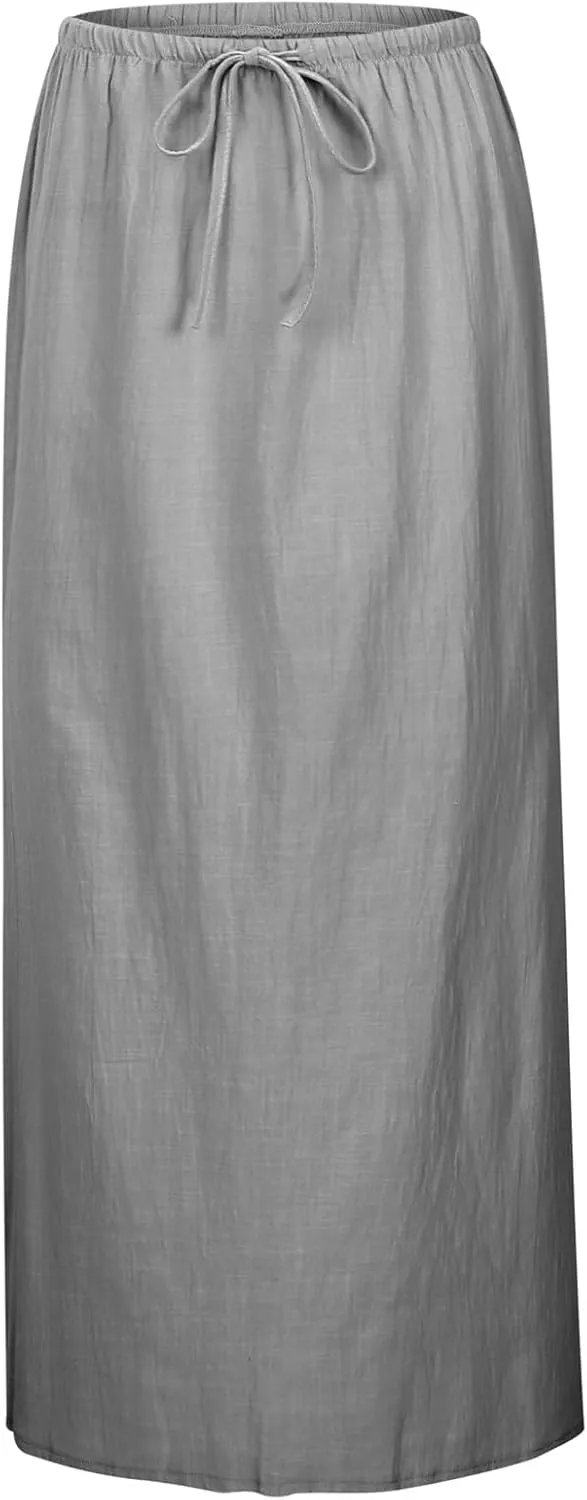 Linen Maxi Skirts for Women Trendy Comfy Drawstring A Line Skirts Boho Dress Long Flowy Skirt Summer Vacation Outfits