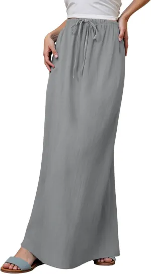 Linen Maxi Skirts for Women Trendy Comfy Drawstring A Line Skirts Boho Dress Long Flowy Skirt Summer Vacation Outfits
