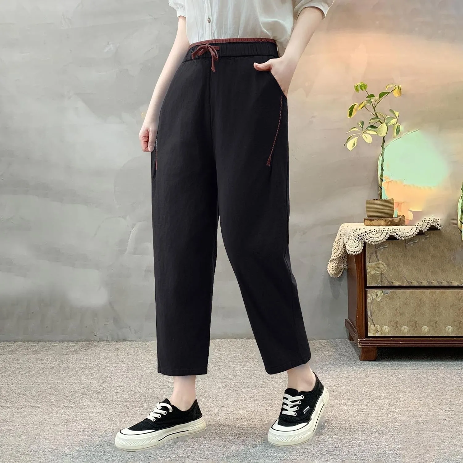Linen Pants for Women Trendy Comfy Elastic Waist Straight Leg Pants Summer High Waisted Drawstring Cropped Trousers
