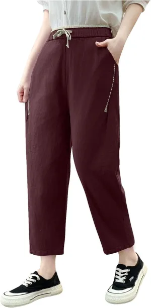 Linen Pants for Women Trendy Comfy Elastic Waist Straight Leg Pants Summer High Waisted Drawstring Cropped Trousers