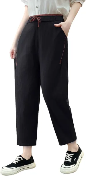 Linen Pants for Women Trendy Comfy Elastic Waist Straight Leg Pants Summer High Waisted Drawstring Cropped Trousers