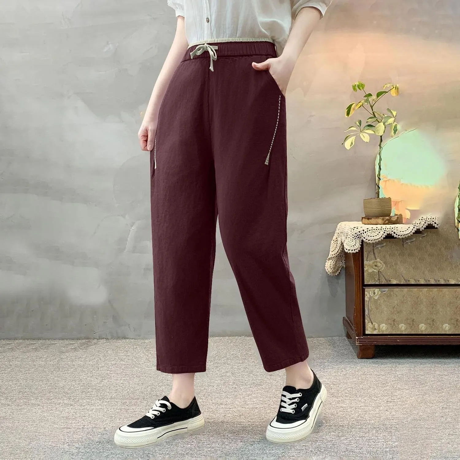 Linen Pants for Women Trendy Comfy Elastic Waist Straight Leg Pants Summer High Waisted Drawstring Cropped Trousers