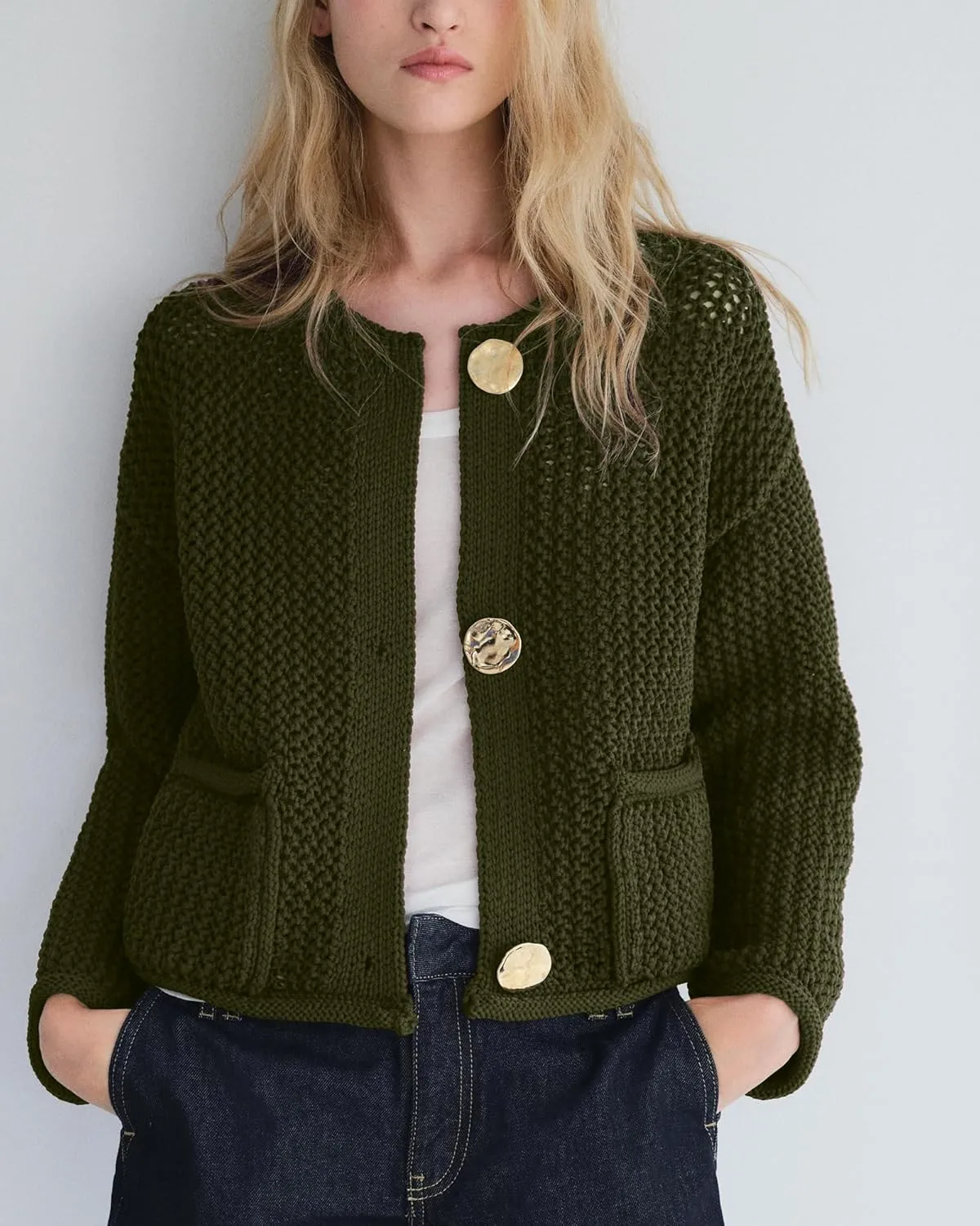 Locachy Women's Crochet Chunky Knit Sweater Cardigan Trendy Crewneck Gold Button Down Sweater