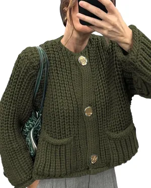 Locachy Women's Crochet Chunky Knit Sweater Cardigan Trendy Crewneck Gold Button Down Sweater