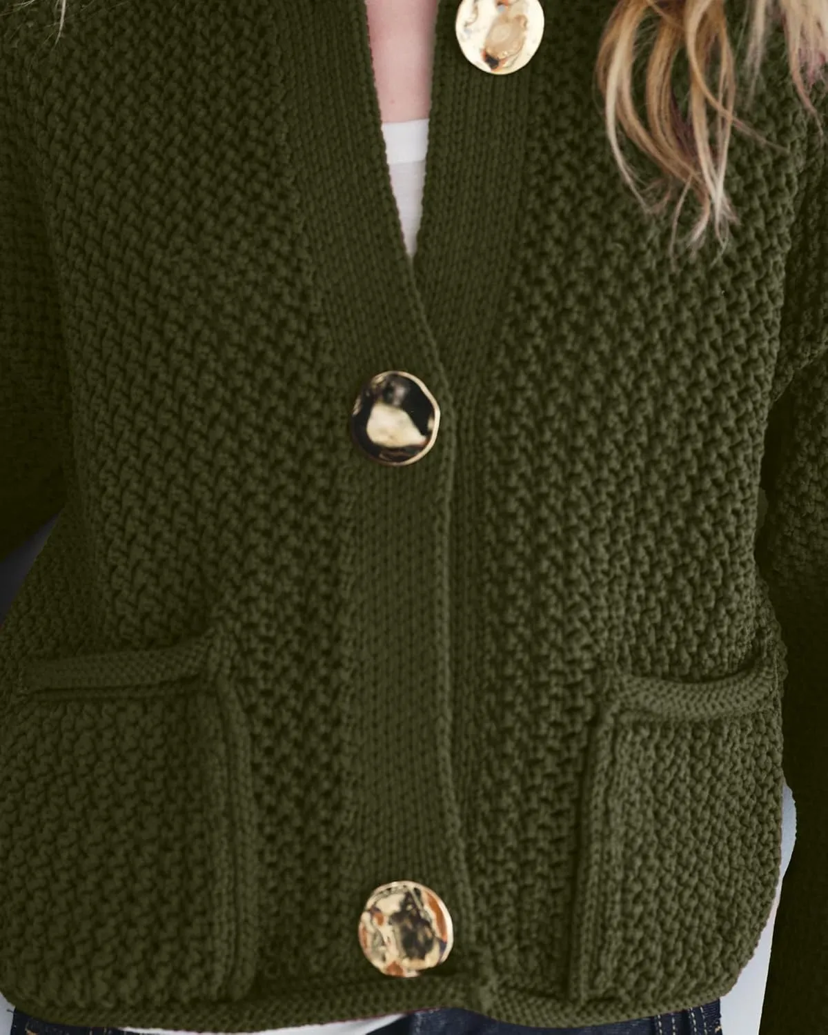 Locachy Women's Crochet Chunky Knit Sweater Cardigan Trendy Crewneck Gold Button Down Sweater