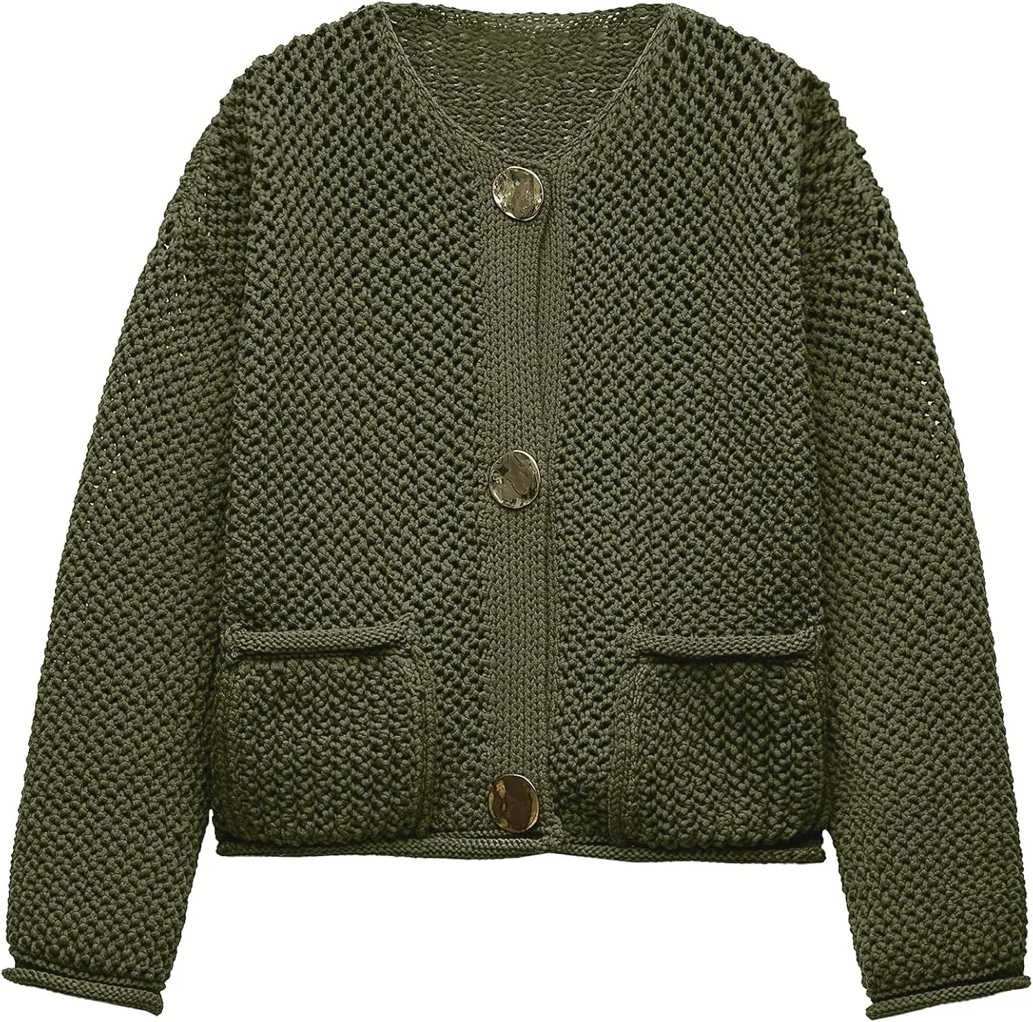 Locachy Women's Crochet Chunky Knit Sweater Cardigan Trendy Crewneck Gold Button Down Sweater