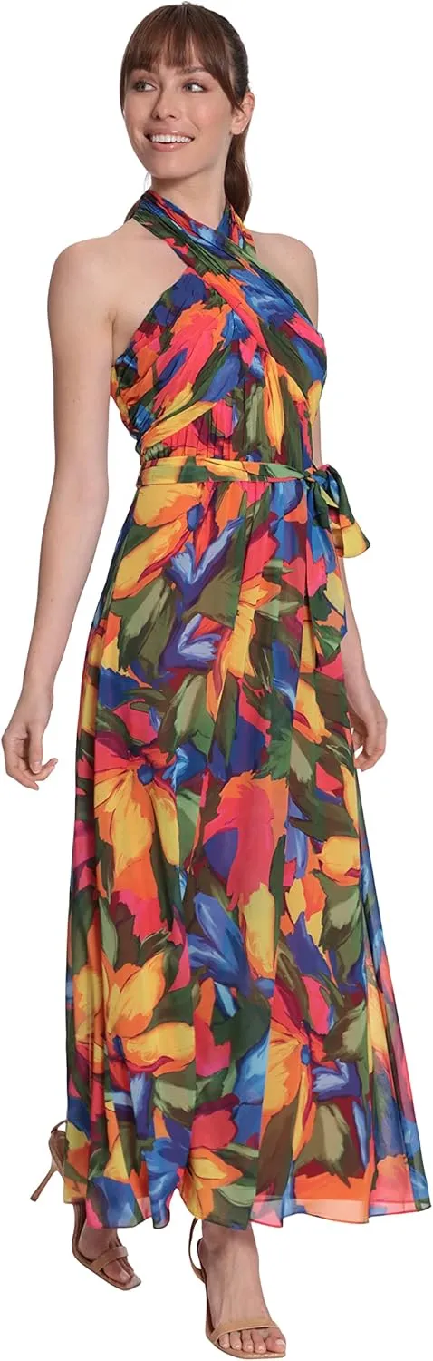 London Times Women's Twist Neck Halter Maxi Dress