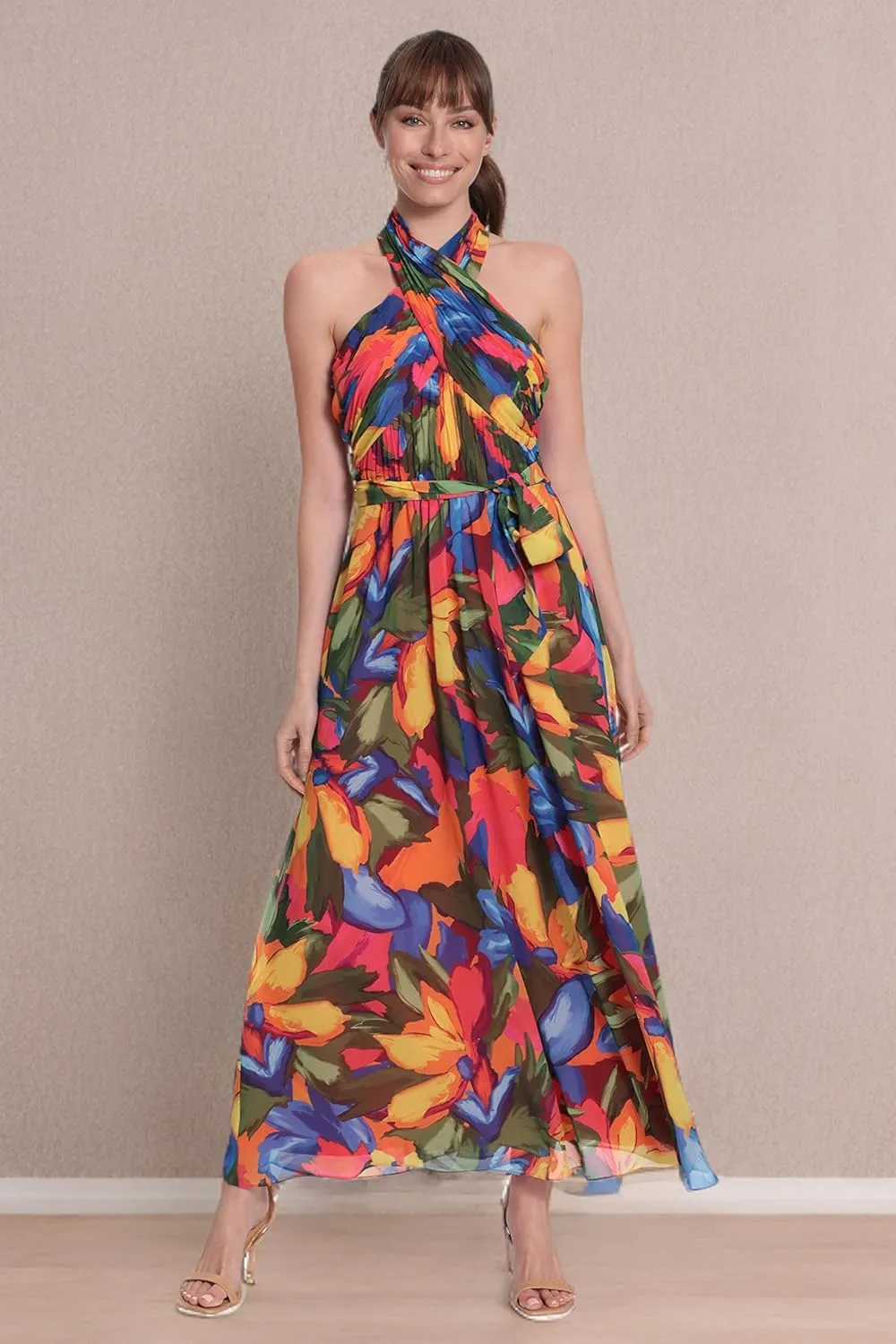 London Times Women's Twist Neck Halter Maxi Dress