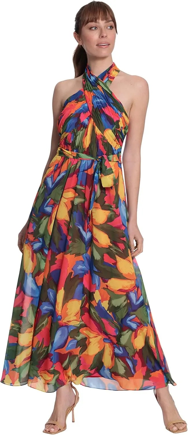 London Times Women's Twist Neck Halter Maxi Dress