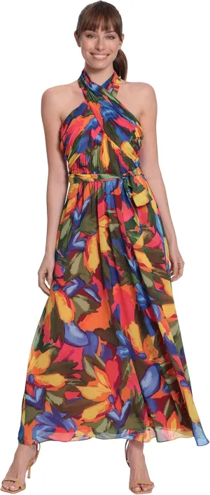 London Times Women's Twist Neck Halter Maxi Dress