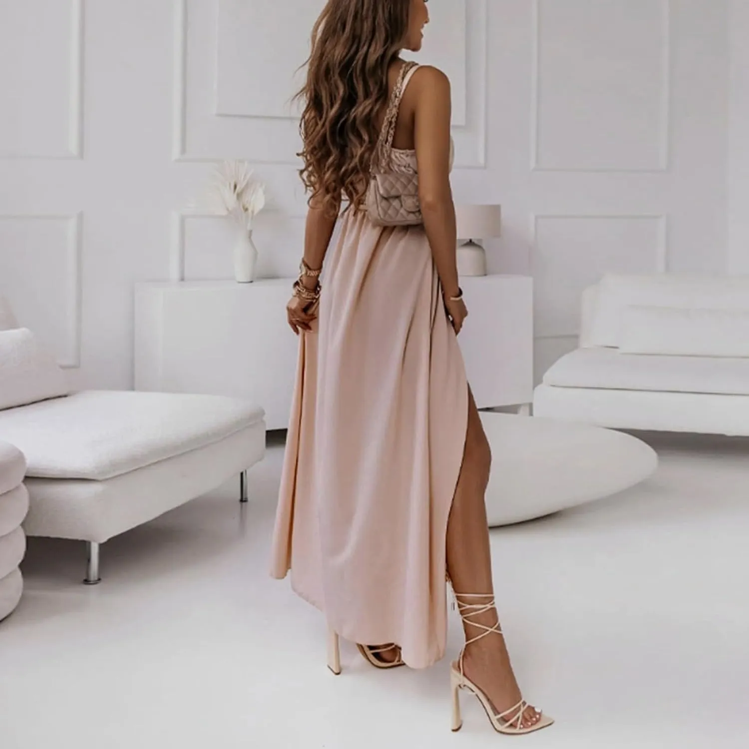 Long Dresses for Women Formal Tie V Neck Off Shoulder Dress High Slit Elegant Party Cocktail A Line Flowy Midi Sundress