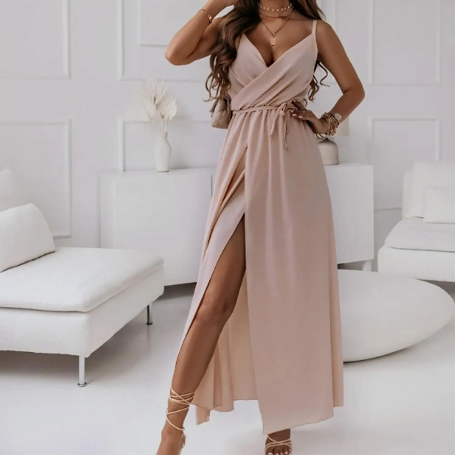 Long Dresses for Women Formal Tie V Neck Off Shoulder Dress High Slit Elegant Party Cocktail A Line Flowy Midi Sundress