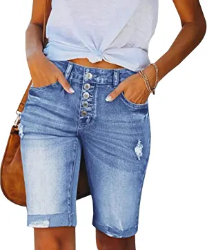 LONGYIDA Jean Bermuda Shorts for Women Knee Length High Waisted Button Fly Ripped Denim Shorts