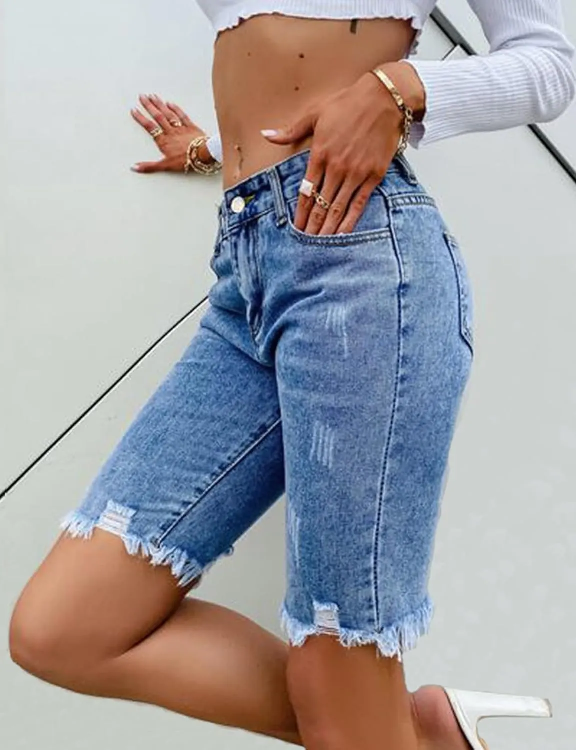 LONGYIDA Jean Bermuda Shorts for Women Knee Length High Waisted Button Fly Ripped Denim Shorts
