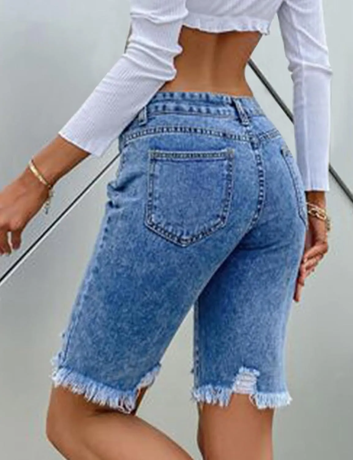 LONGYIDA Jean Bermuda Shorts for Women Knee Length High Waisted Button Fly Ripped Denim Shorts