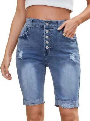 LONGYIDA Jean Bermuda Shorts for Women Knee Length High Waisted Button Fly Ripped Denim Shorts