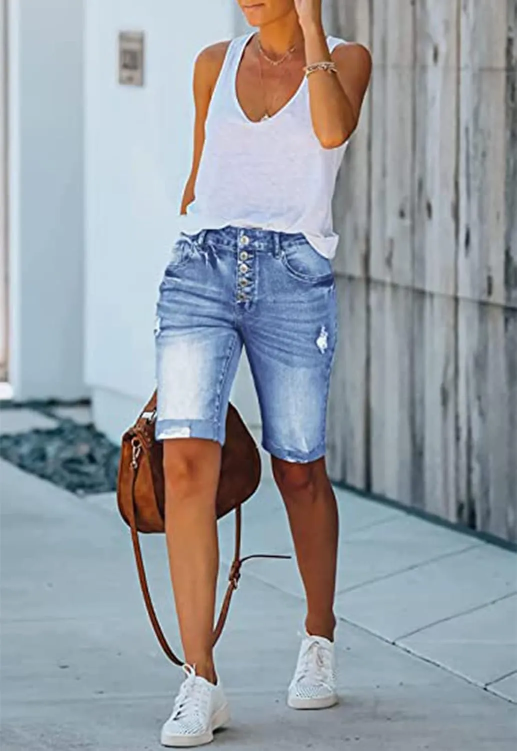 LONGYIDA Jean Bermuda Shorts for Women Knee Length High Waisted Button Fly Ripped Denim Shorts