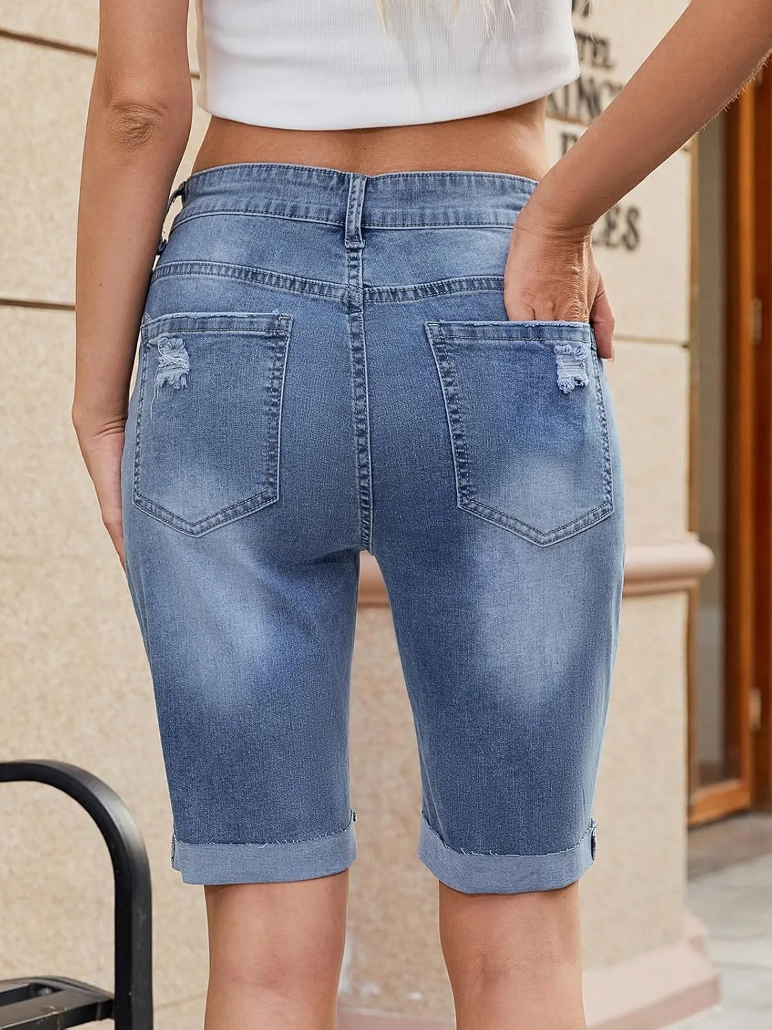 LONGYIDA Jean Bermuda Shorts for Women Knee Length High Waisted Button Fly Ripped Denim Shorts