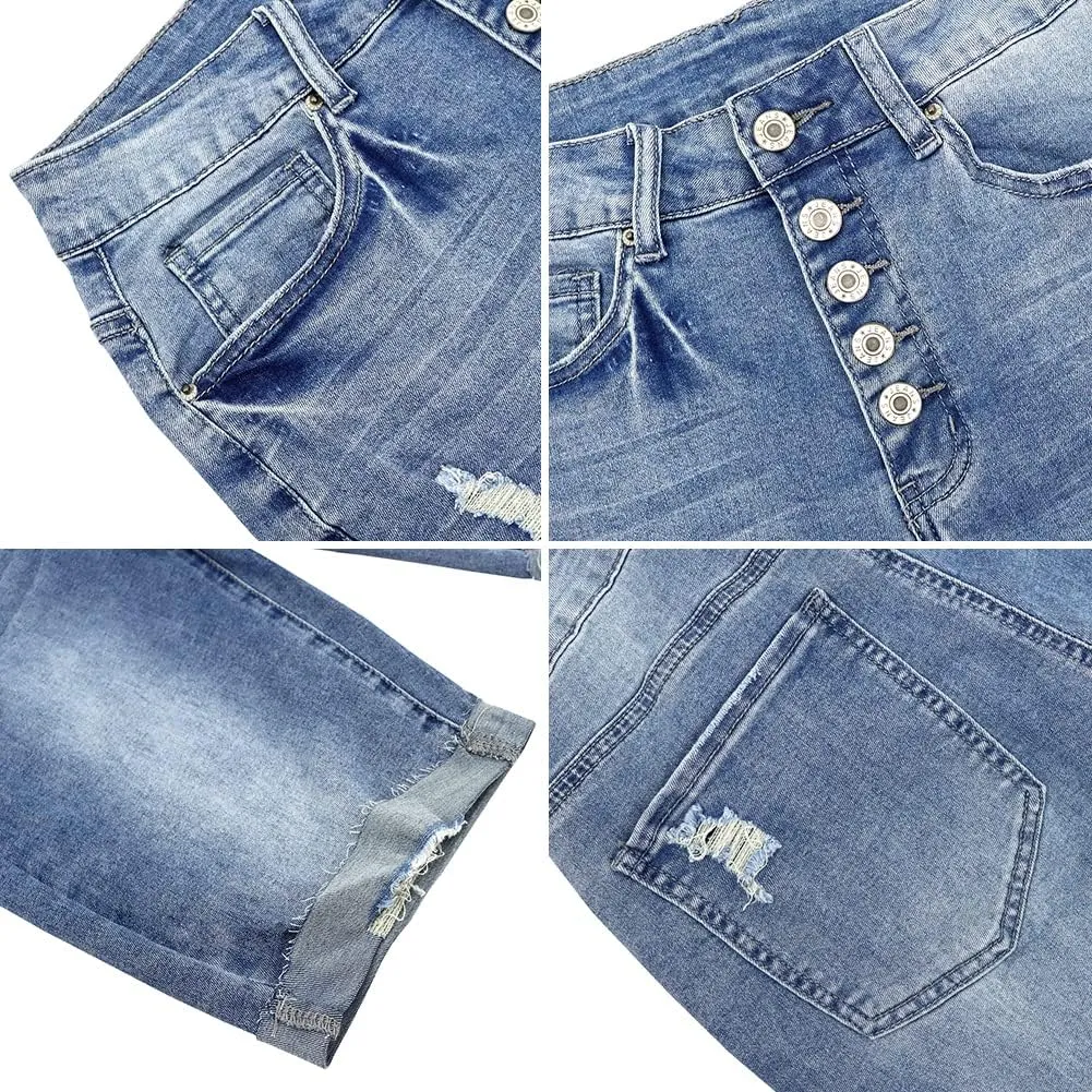 LONGYIDA Jean Bermuda Shorts for Women Knee Length High Waisted Button Fly Ripped Denim Shorts