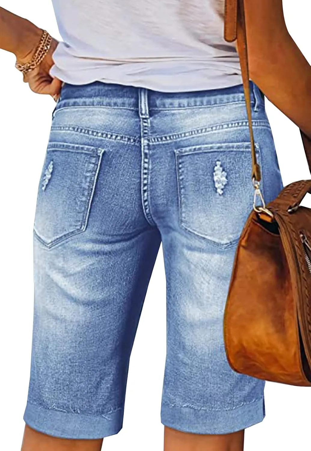 LONGYIDA Jean Bermuda Shorts for Women Knee Length High Waisted Button Fly Ripped Denim Shorts