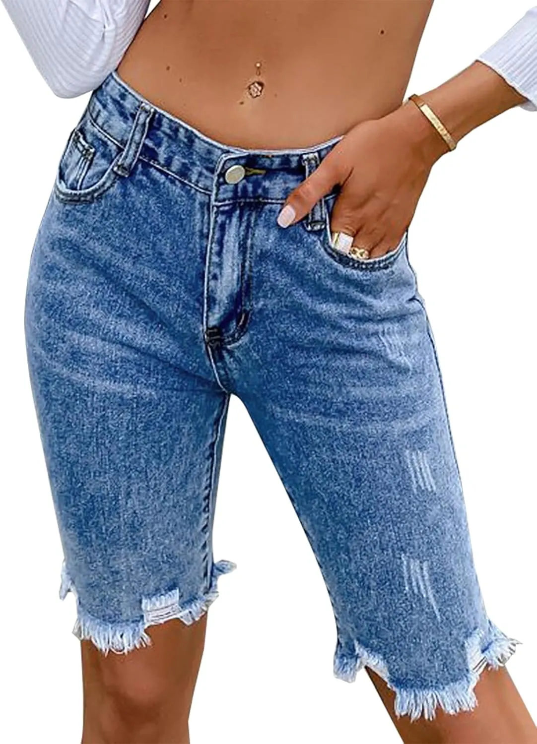 LONGYIDA Jean Bermuda Shorts for Women Knee Length High Waisted Button Fly Ripped Denim Shorts