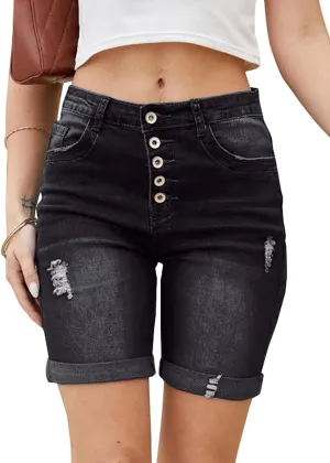 LONGYIDA Jean Bermuda Shorts for Women Knee Length High Waisted Button Fly Ripped Denim Shorts