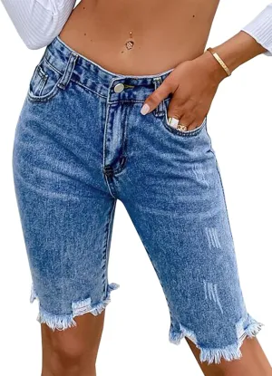 LONGYIDA Jean Bermuda Shorts for Women Knee Length High Waisted Button Fly Ripped Denim Shorts