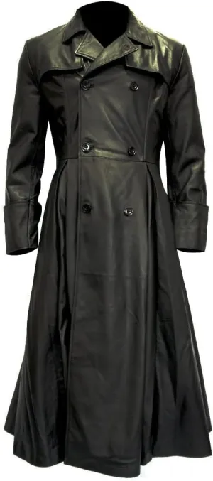 LP-FACON Men's Double Breasted Long Length Leather Coat - Winter Black Trench Coat Overcoat