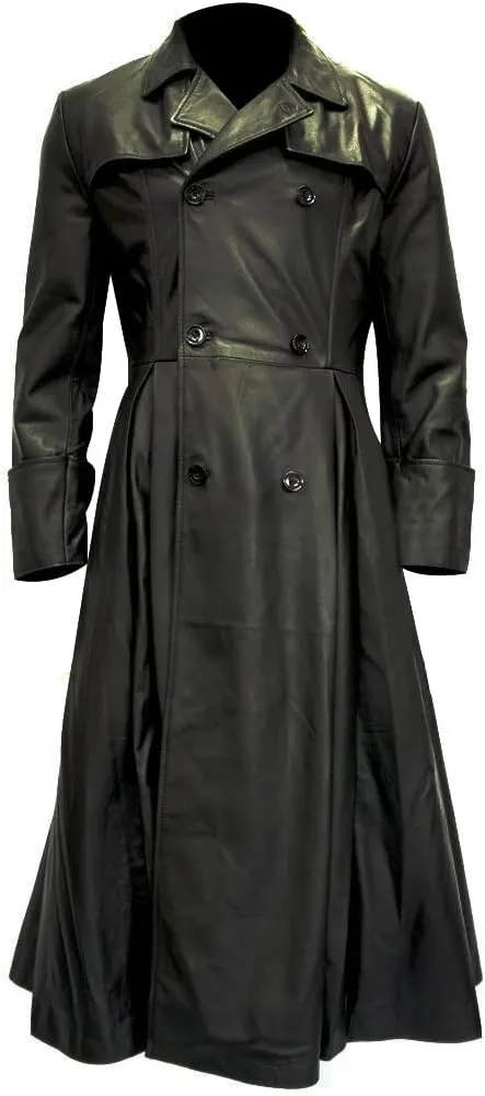 LP-FACON Men's Double Breasted Long Length Leather Coat - Winter Black Trench Coat Overcoat