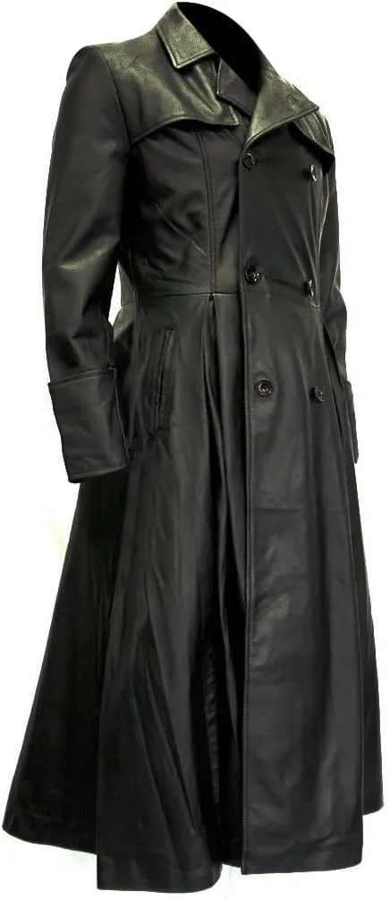 LP-FACON Men's Double Breasted Long Length Leather Coat - Winter Black Trench Coat Overcoat