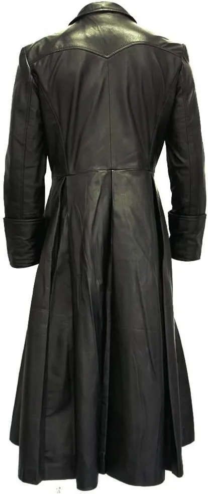 LP-FACON Men's Double Breasted Long Length Leather Coat - Winter Black Trench Coat Overcoat