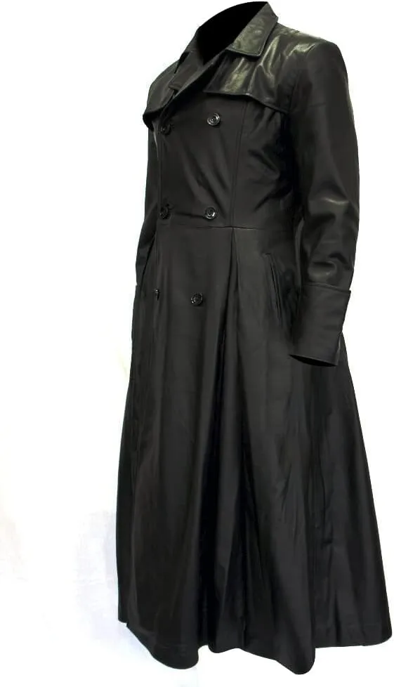 LP-FACON Men's Double Breasted Long Length Leather Coat - Winter Black Trench Coat Overcoat
