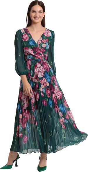Maggy London Women's 3/4 Sleeve Maxi Dress with Pleated Skirt Occasion Event Guest of Wedding