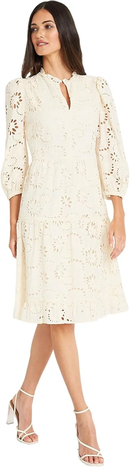 Maggy London Women's Mini Ruffle Mock Neck Eyelet Dress with Tiered Skirt