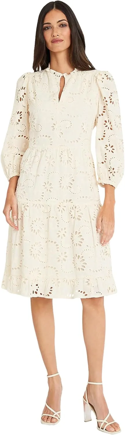 Maggy London Women's Mini Ruffle Mock Neck Eyelet Dress with Tiered Skirt
