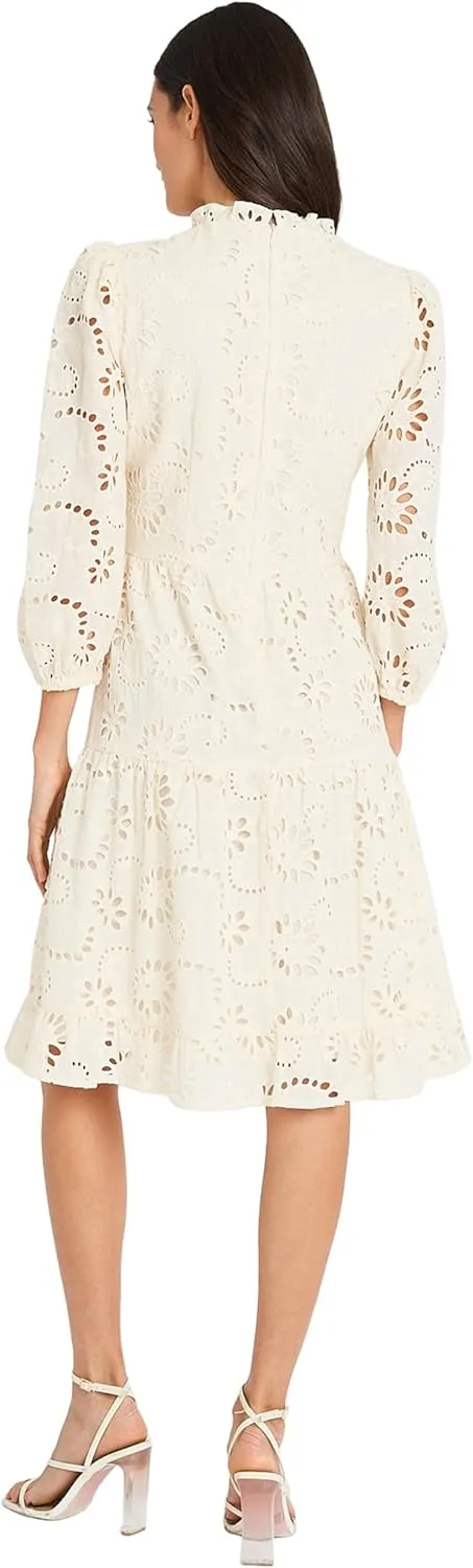 Maggy London Women's Mini Ruffle Mock Neck Eyelet Dress with Tiered Skirt