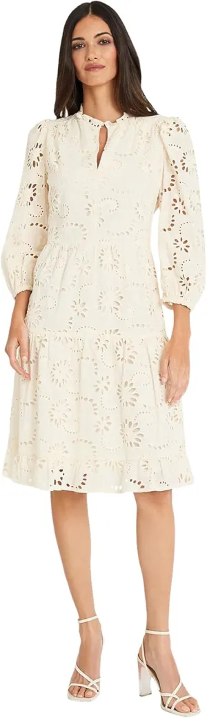 Maggy London Women's Mini Ruffle Mock Neck Eyelet Dress with Tiered Skirt